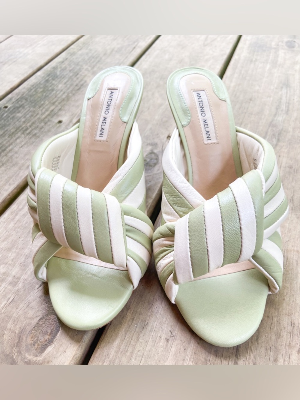 Antonio Melani Joelie Leather Slip-On Dress Sandals Green/Cream Summer Vacation